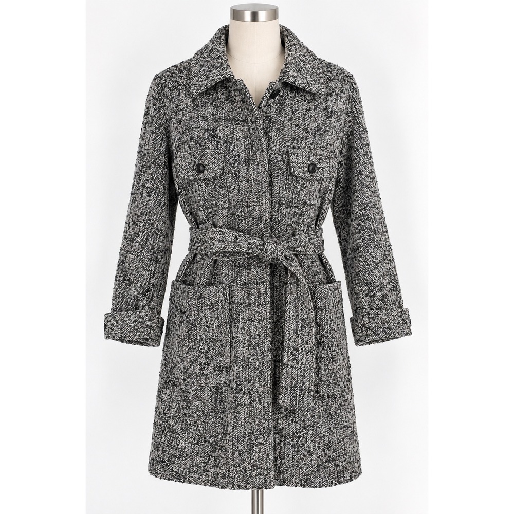 Tracy Reese Trench Coat Women Small Black White Tweed Belted Jacket Outerwear